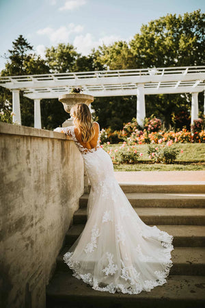 7420 - Sexy Long-Sleeve Lace Wedding Dress with Cutouts and Full Train