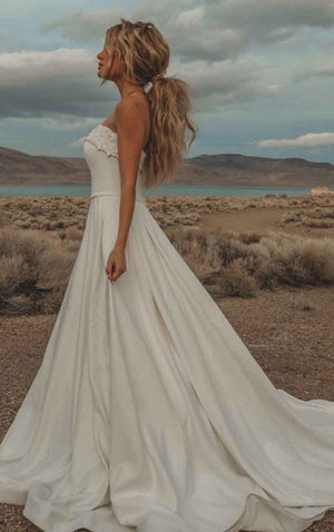 7045 - Simple Strapless Wedding Gown with Pockets