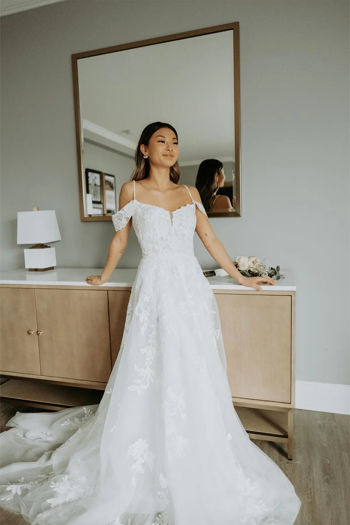 7447 - Elegant Lace A-line Wedding Dress with Off-the-shoulder Sleeves