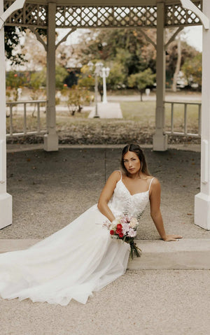 7514 - Shimmering Lace And Tulle A-line Wedding Dress with Spaghetti Straps